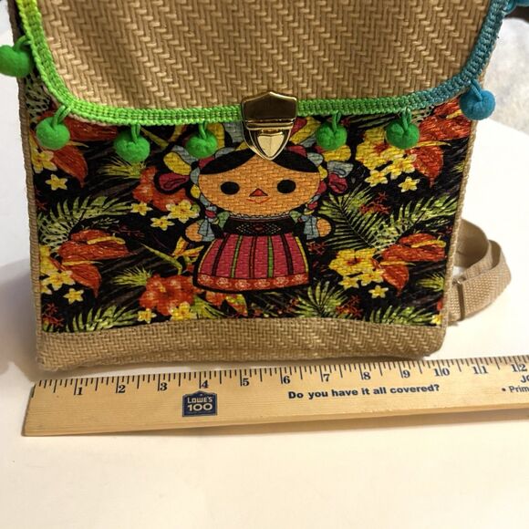 Mexican Maria Doll Backpack Straw Woven Bag Side Snaps Adjustable Straps - Picture 11 of 13